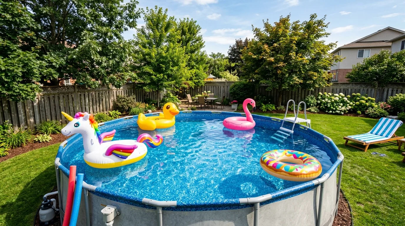 Backyard Pool With Floats and Family Styling